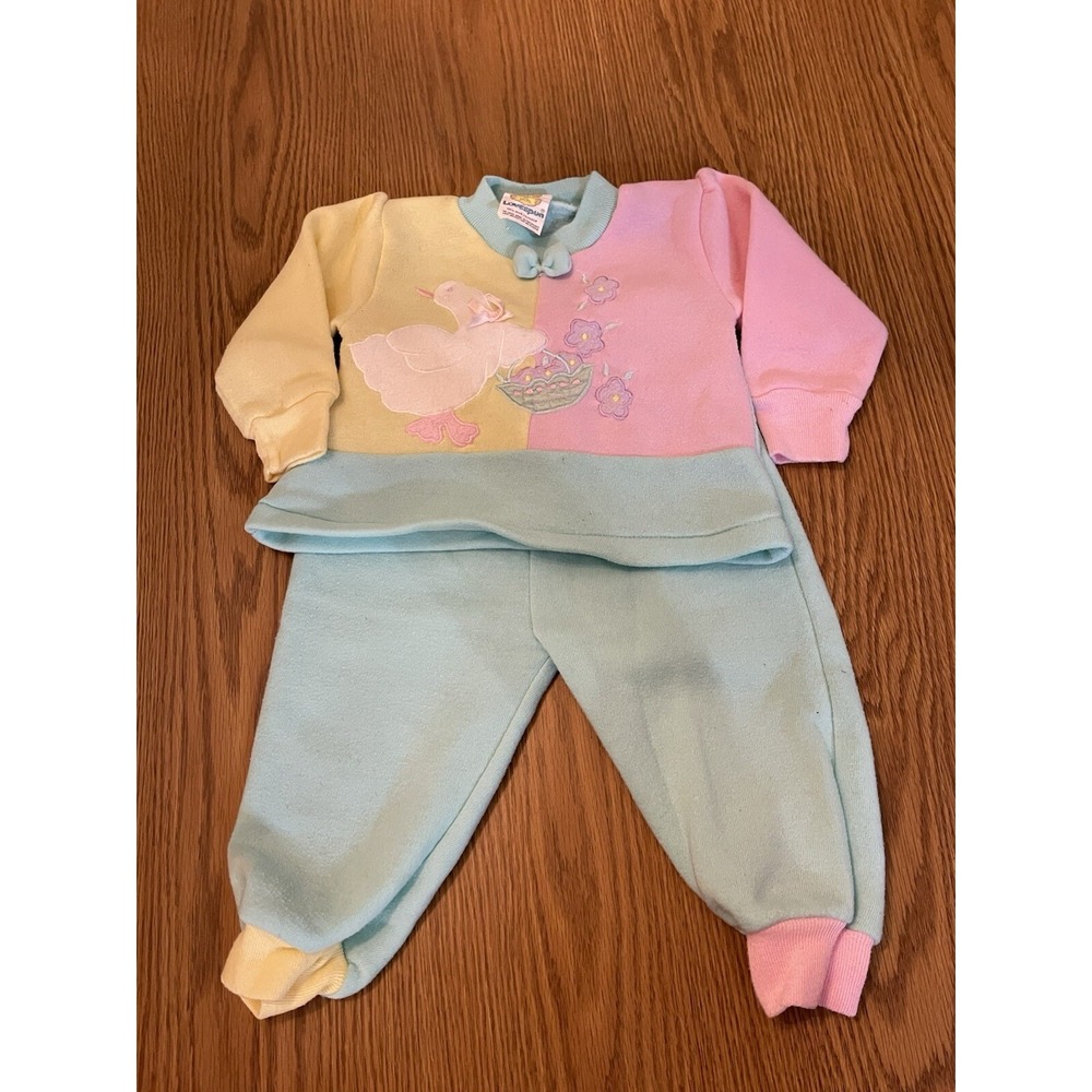 Vintage 80s 18 Month Sweat Shirt Pant Outfit Goose Geese Girls Lovespun Pink